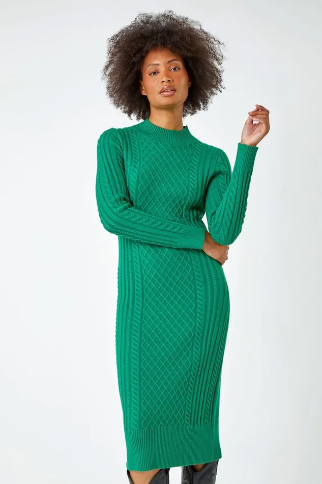 Women Green Cable Knit Midi Jumper Dress Roman Dresses