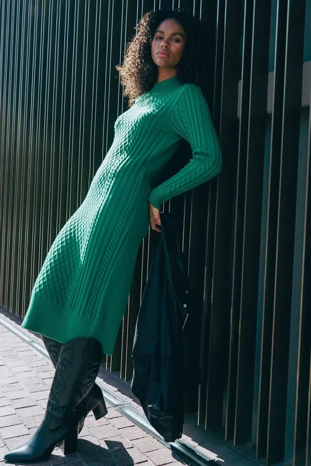 Women Green Cable Knit Midi Jumper Dress Roman Dresses