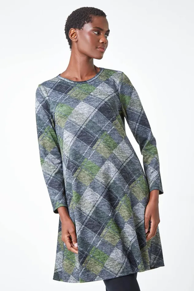 Women Green Check Print Swing Stretch Dress Roman Dresses