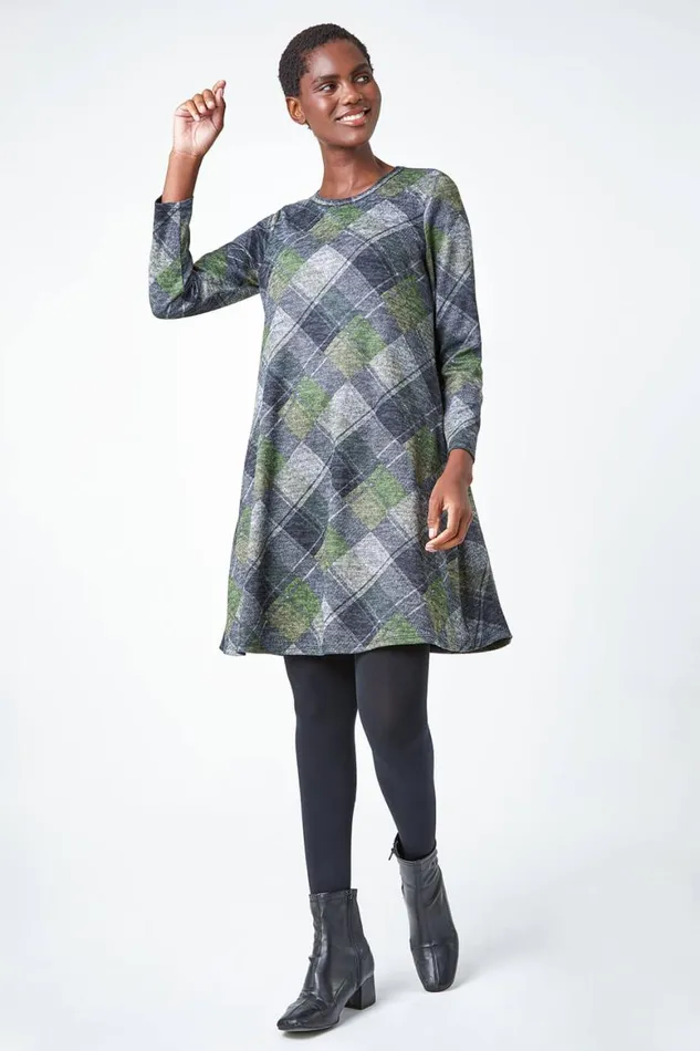 Women Green Check Print Swing Stretch Dress Roman Dresses