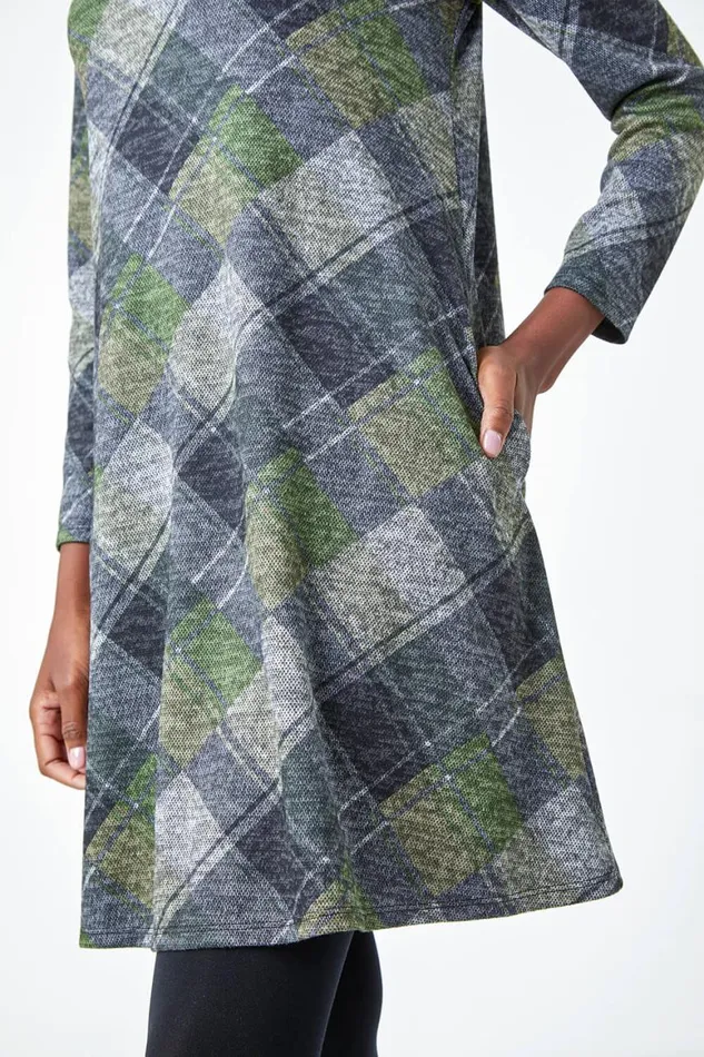 Women Green Check Print Swing Stretch Dress Roman Dresses