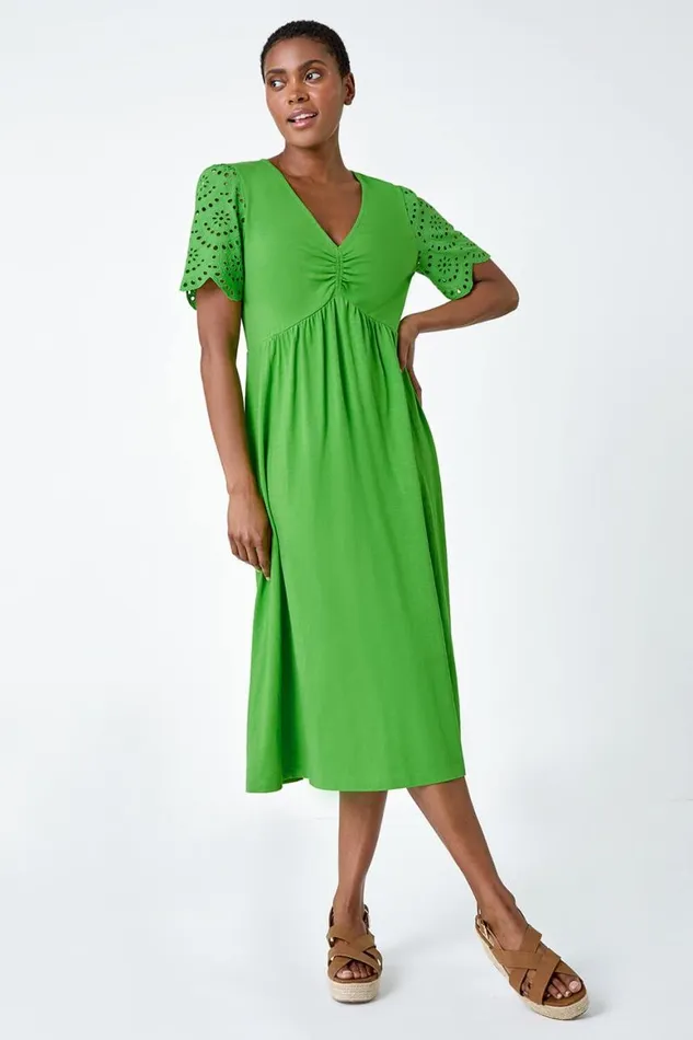 Women Green Cotton Broderie Sleeve Midi Dress Roman Dresses