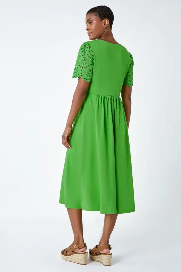 Women Green Cotton Broderie Sleeve Midi Dress Roman Dresses