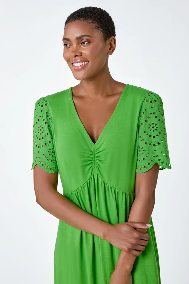 Women Green Cotton Broderie Sleeve Midi Dress Roman Dresses