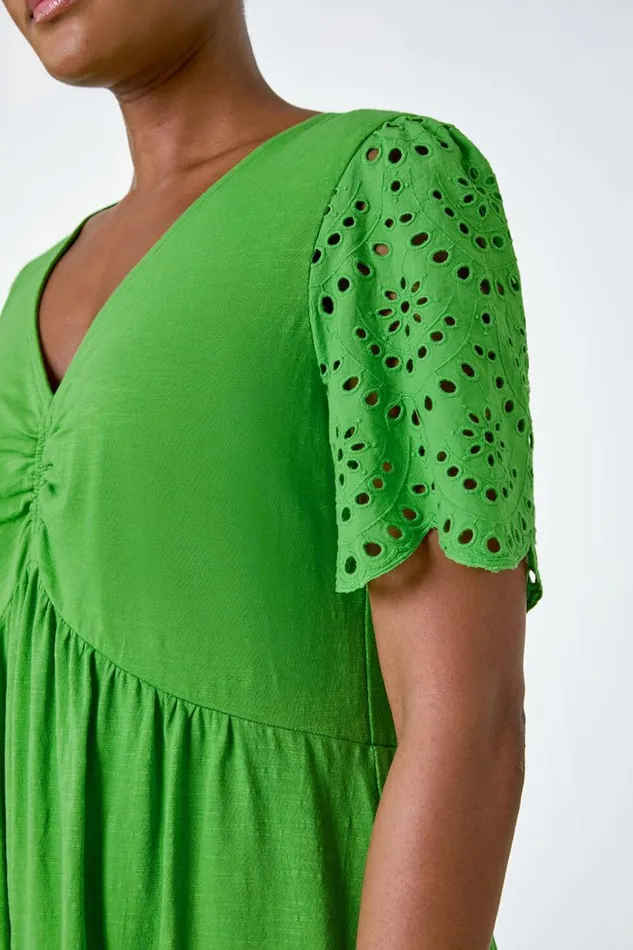 Women Green Cotton Broderie Sleeve Midi Dress Roman Dresses