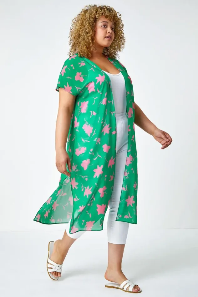 Women Green Curve Floral Print Longline Chiffon Kimono Roman Tops