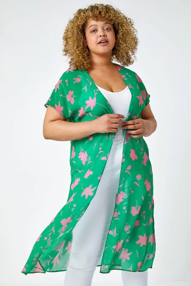Women Green Curve Floral Print Longline Chiffon Kimono Roman Tops