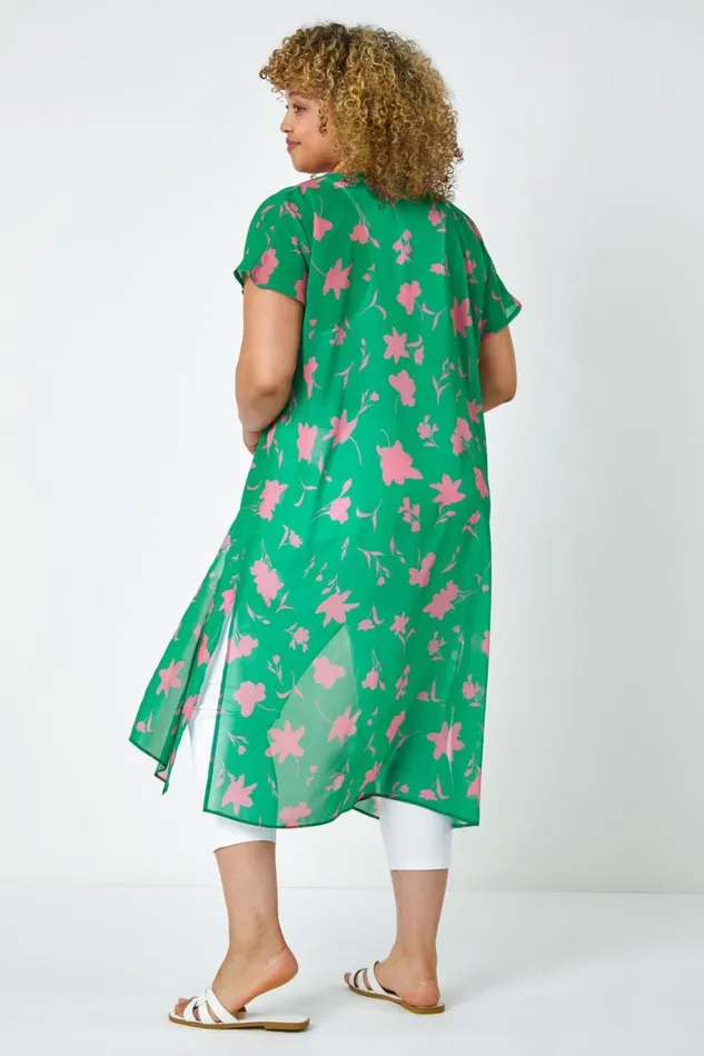 Women Green Curve Floral Print Longline Chiffon Kimono Roman Tops