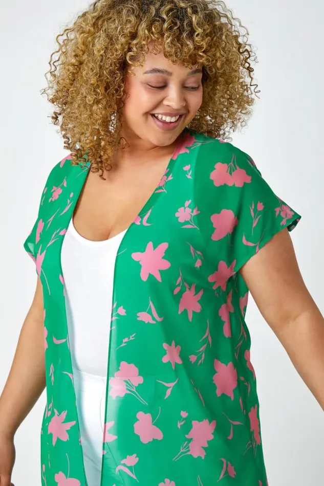 Women Green Curve Floral Print Longline Chiffon Kimono Roman Tops