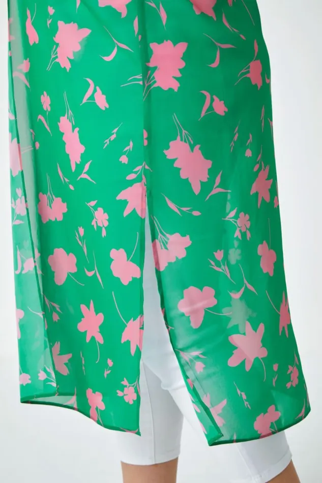 Women Green Curve Floral Print Longline Chiffon Kimono Roman Tops