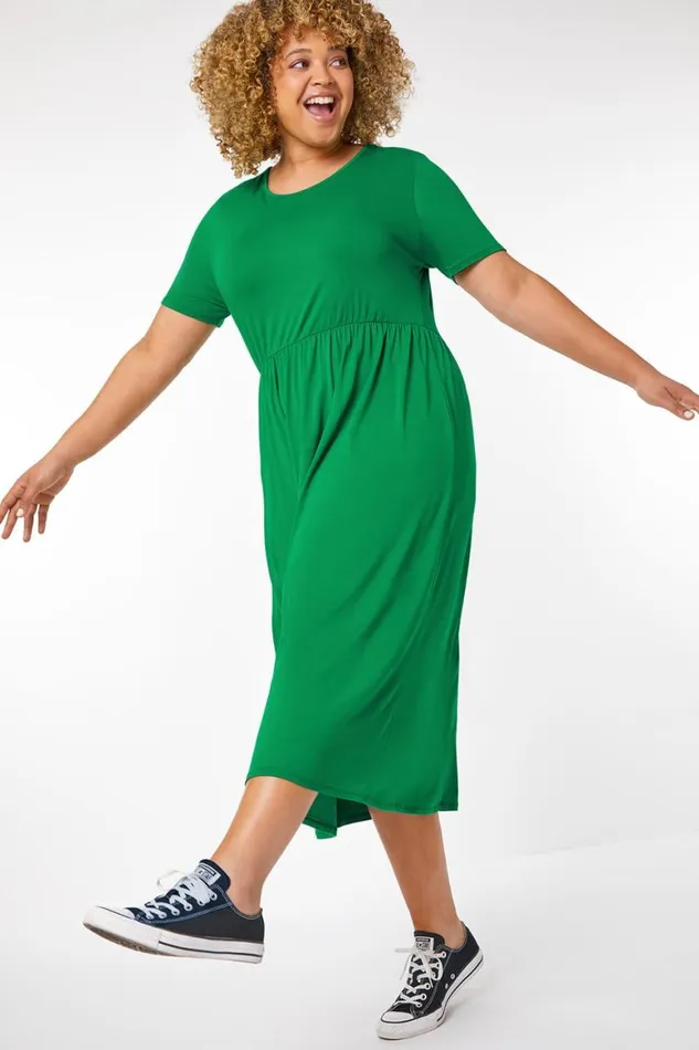 Women Green Curve Gathered Skirt Midi Stretch Dress Roman Dresses