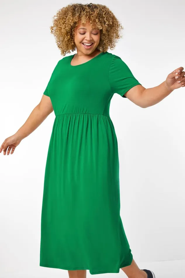 Women Green Curve Gathered Skirt Midi Stretch Dress Roman Dresses