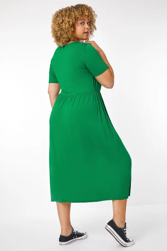 Women Green Curve Gathered Skirt Midi Stretch Dress Roman Dresses