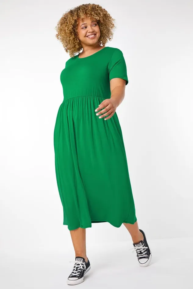 Women Green Curve Gathered Skirt Midi Stretch Dress Roman Dresses