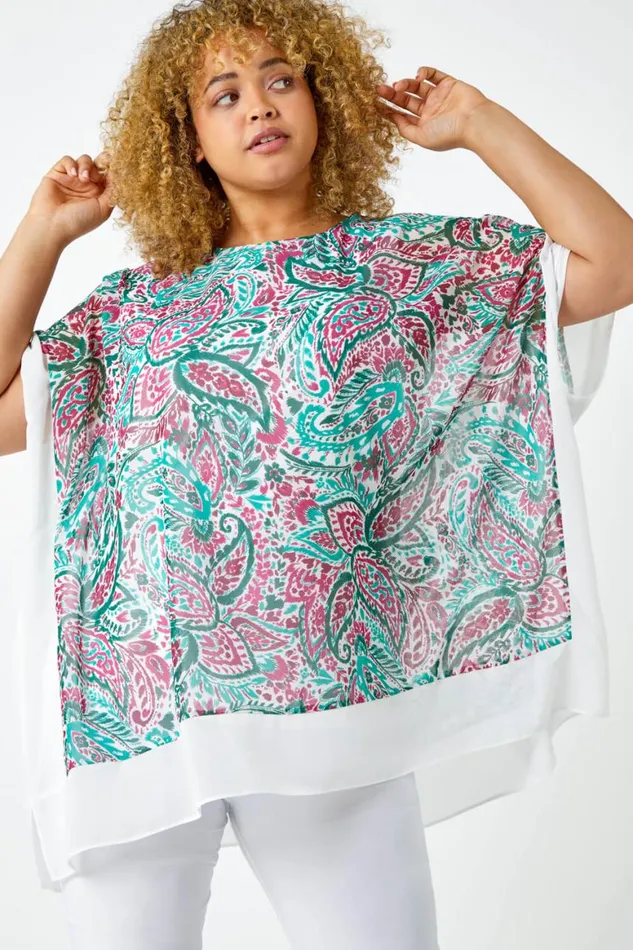 Women Green Curve Paisley Contrast Chiffon Top Roman Tops
