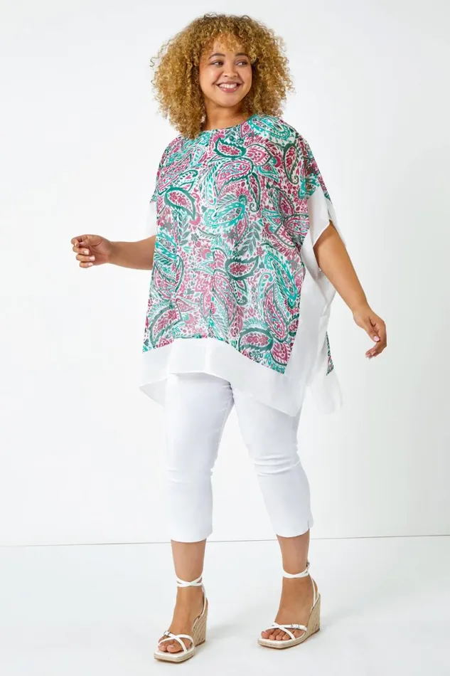 Women Green Curve Paisley Contrast Chiffon Top Roman Tops