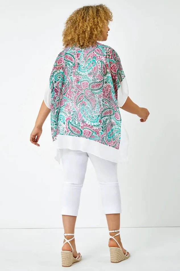Women Green Curve Paisley Contrast Chiffon Top Roman Tops