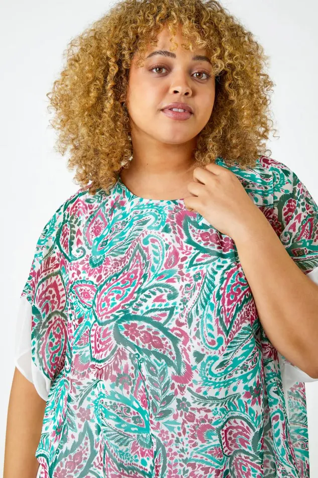 Women Green Curve Paisley Contrast Chiffon Top Roman Tops