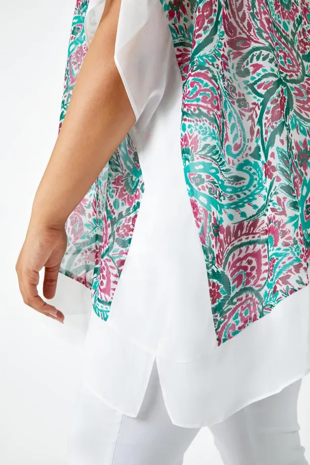 Women Green Curve Paisley Contrast Chiffon Top Roman Tops