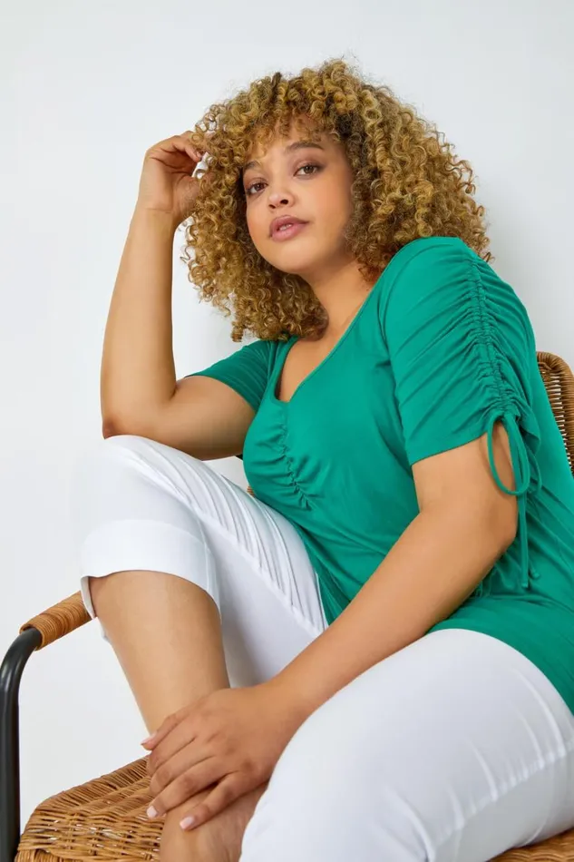 Women Green Curve Plain VNeck Ruched Tie Top Roman Tops