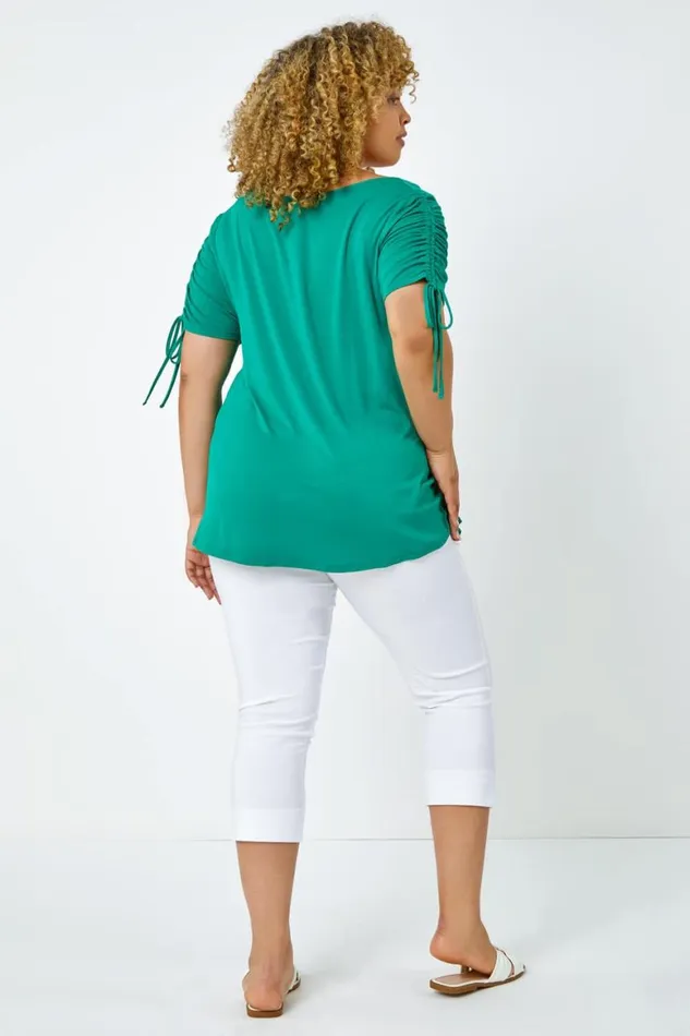 Women Green Curve Plain VNeck Ruched Tie Top Roman Tops