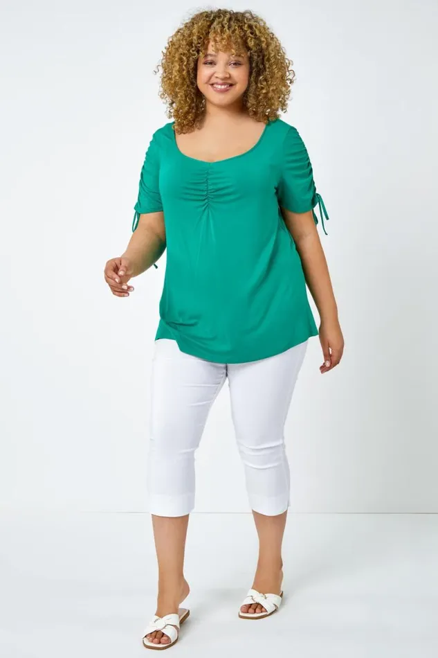 Women Green Curve Plain VNeck Ruched Tie Top Roman Tops