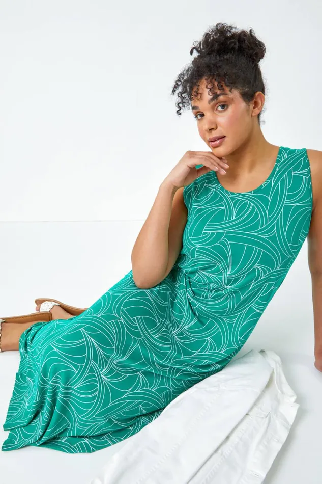 Women Green Curve Swirl Print Swing Maxi Stretch Dress Roman Dresses