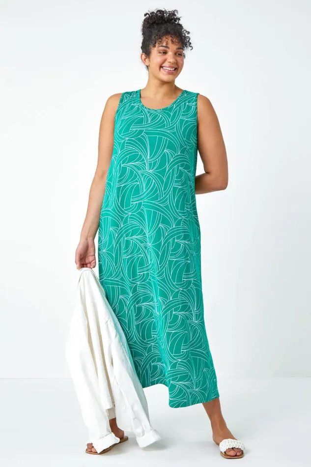Women Green Curve Swirl Print Swing Maxi Stretch Dress Roman Dresses