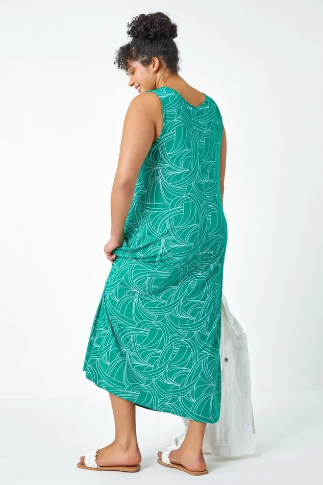 Women Green Curve Swirl Print Swing Maxi Stretch Dress Roman Dresses