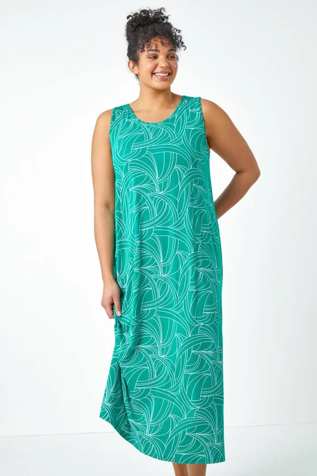 Women Green Curve Swirl Print Swing Maxi Stretch Dress Roman Dresses