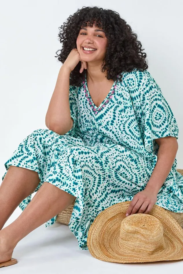 Women Green Curve Tie Dye Print Bead Detail Kaftan Roman Dresses