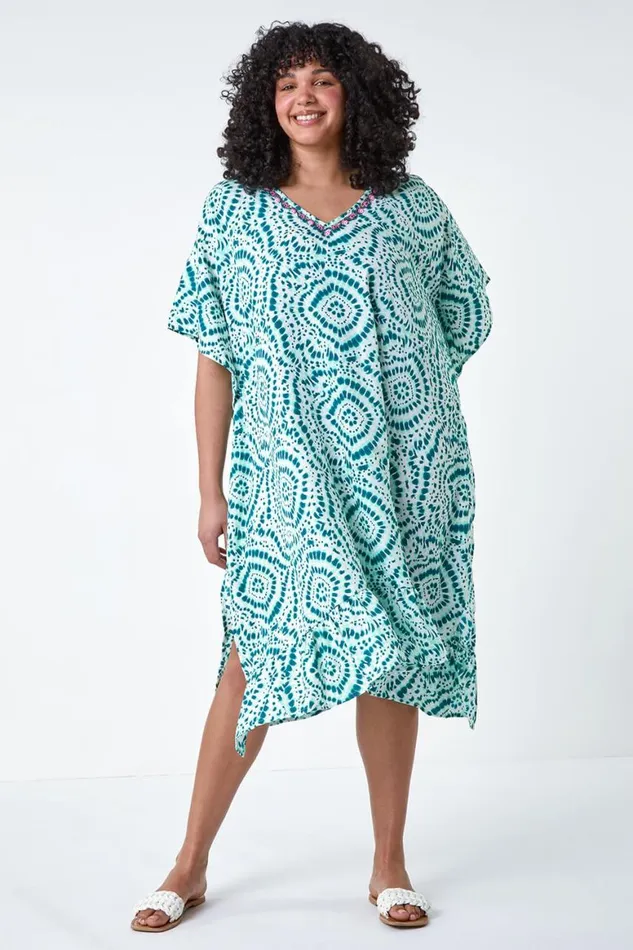 Women Green Curve Tie Dye Print Bead Detail Kaftan Roman Dresses