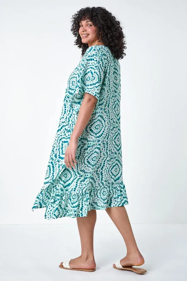 Women Green Curve Tie Dye Print Bead Detail Kaftan Roman Dresses