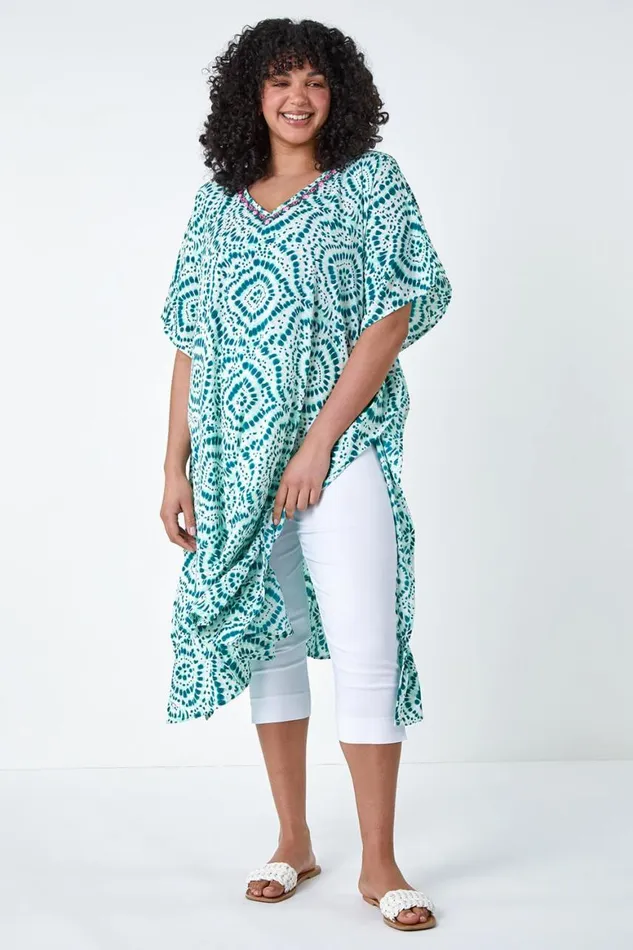 Women Green Curve Tie Dye Print Bead Detail Kaftan Roman Dresses