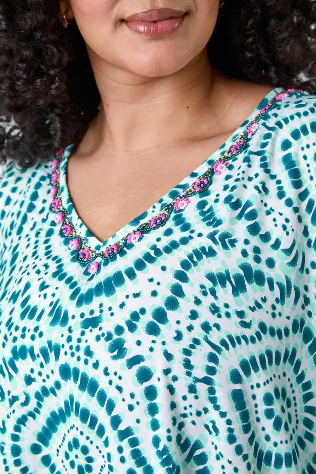 Women Green Curve Tie Dye Print Bead Detail Kaftan Roman Dresses