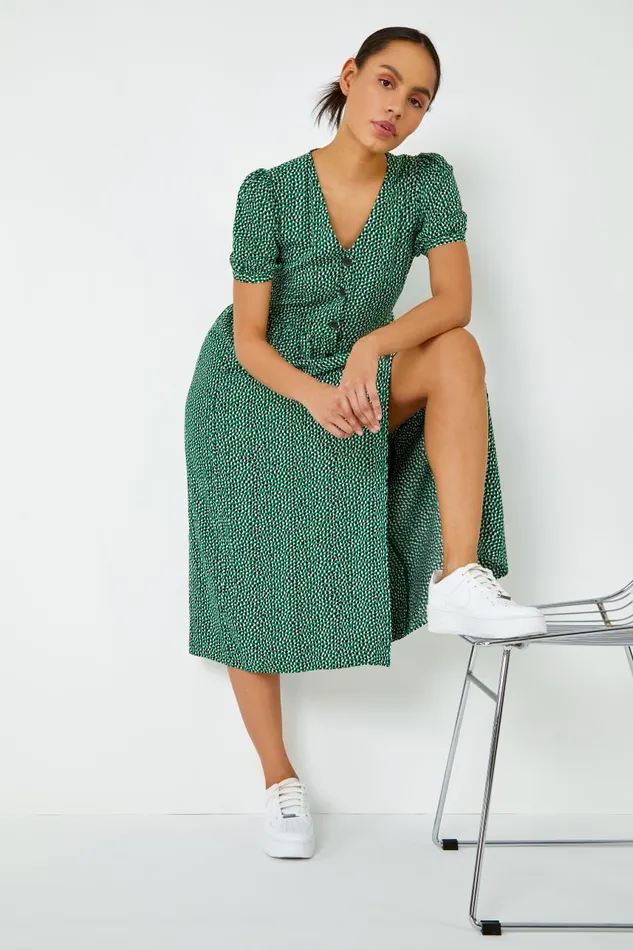 Women Green Ditsy Spot Button Through Midi Dress Roman Dresses