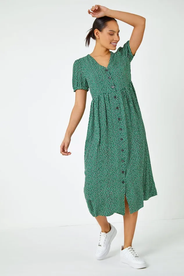 Women Green Ditsy Spot Button Through Midi Dress Roman Dresses