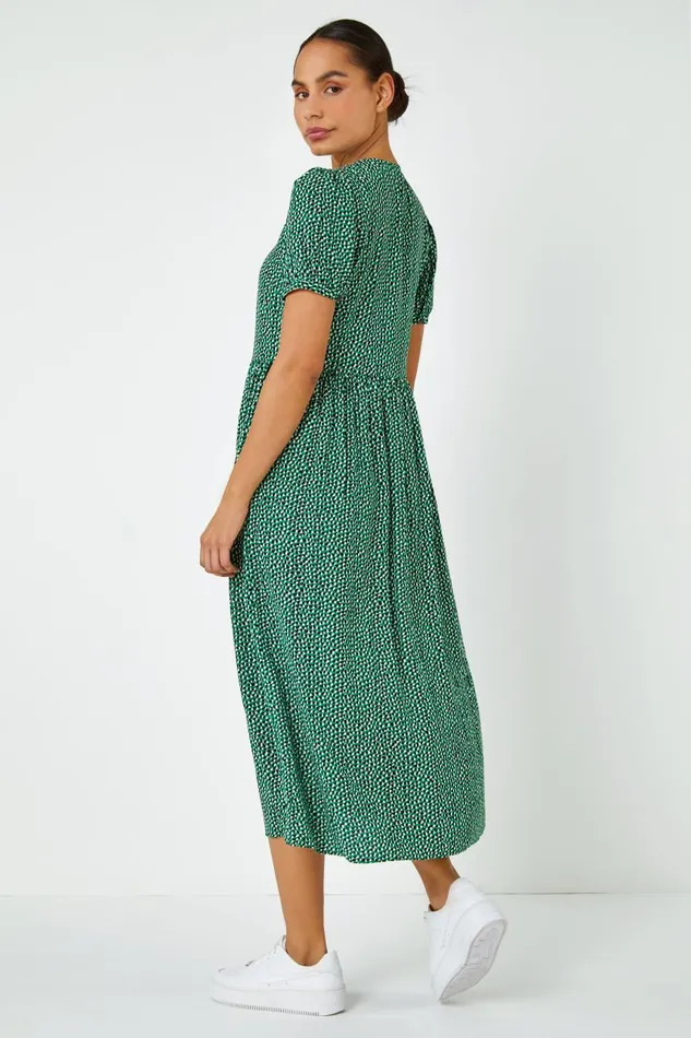 Women Green Ditsy Spot Button Through Midi Dress Roman Dresses