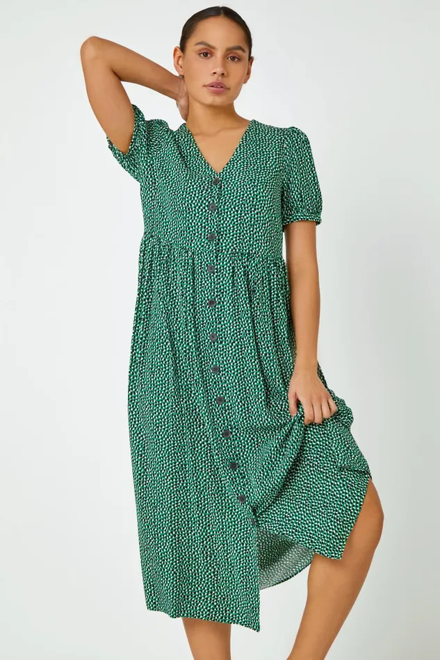 Women Green Ditsy Spot Button Through Midi Dress Roman Dresses