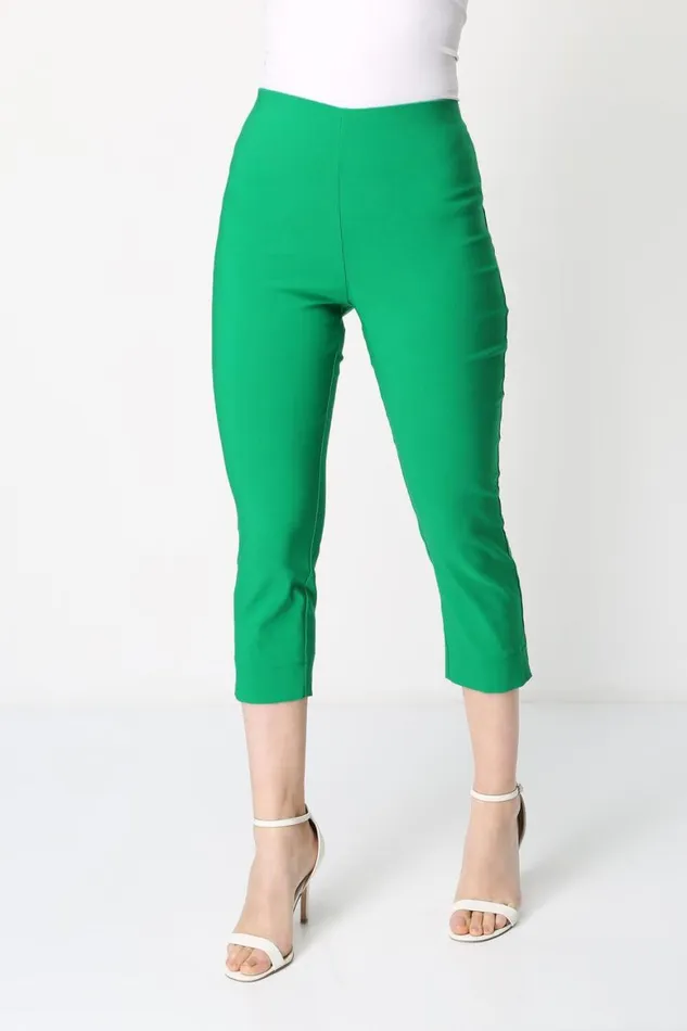 Women Green Elastic Waist Stretch Cropped Trousers Roman Trousers
