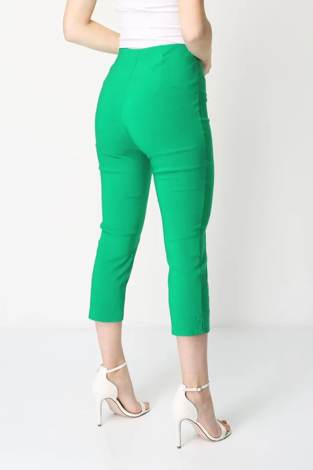Women Green Elastic Waist Stretch Cropped Trousers Roman Trousers