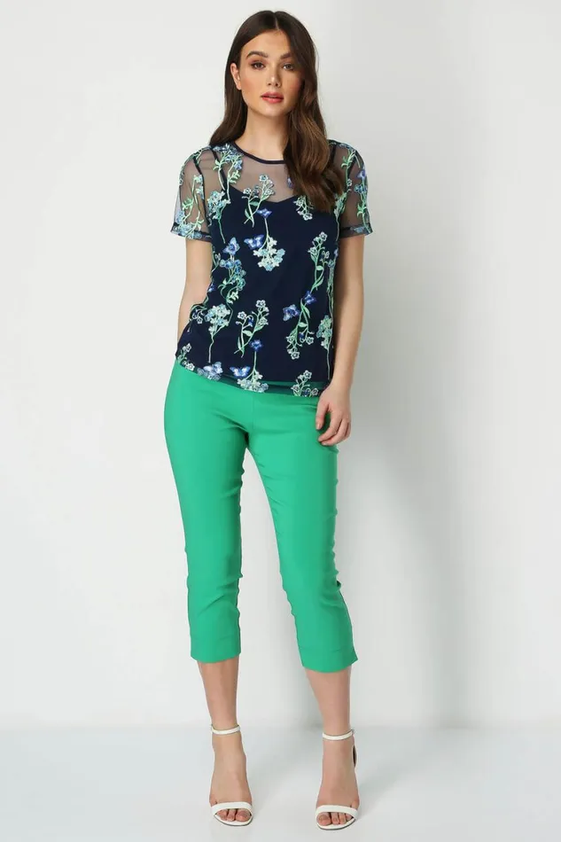 Women Green Elastic Waist Stretch Cropped Trousers Roman Trousers