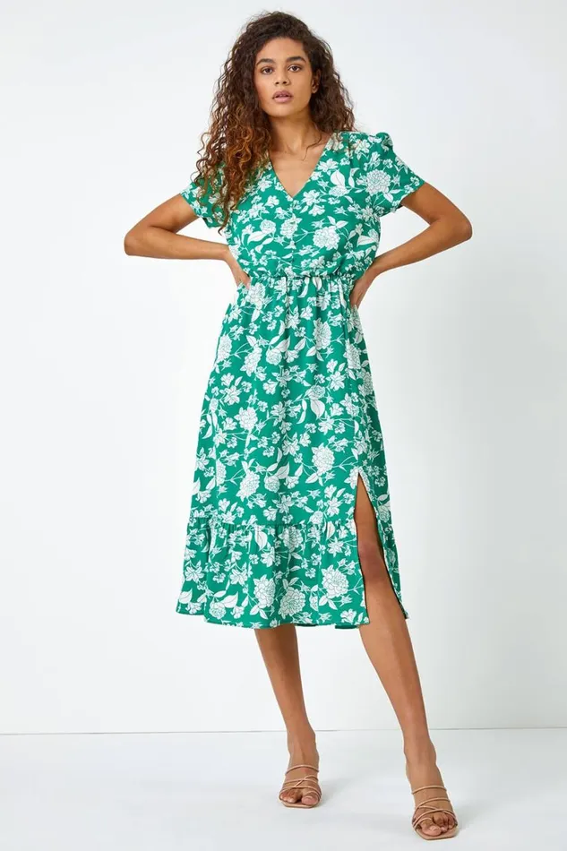 Women Green Floral Button Through Midi Dress Roman Dresses