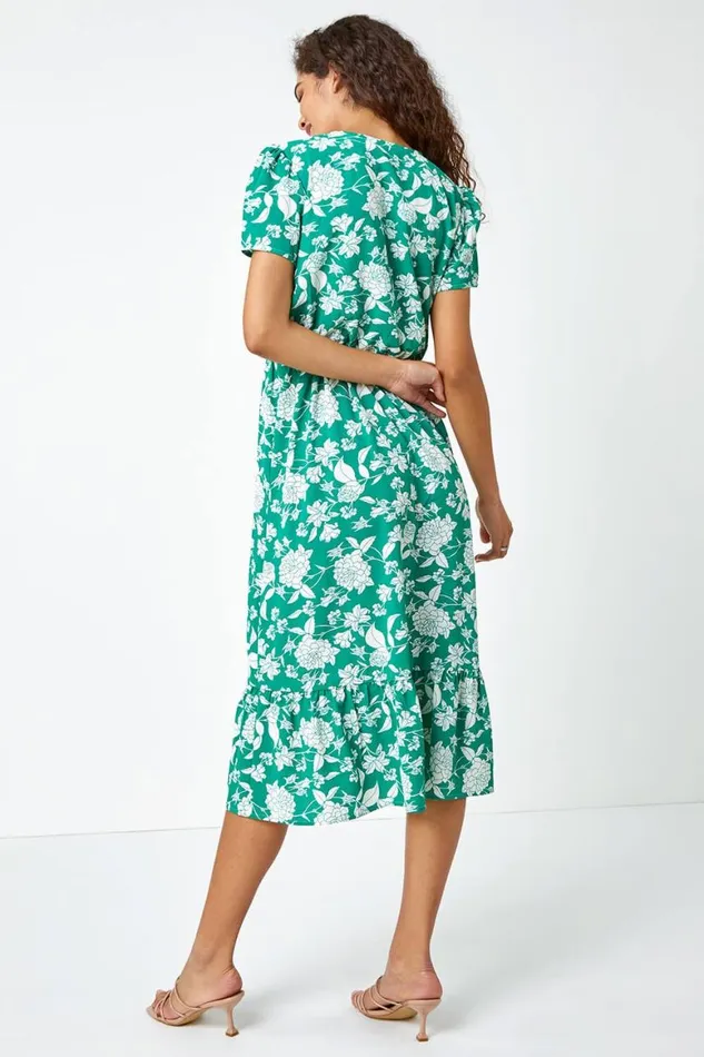 Women Green Floral Button Through Midi Dress Roman Dresses