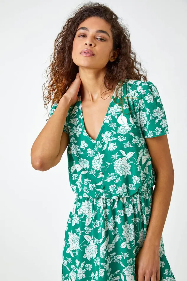Women Green Floral Button Through Midi Dress Roman Dresses