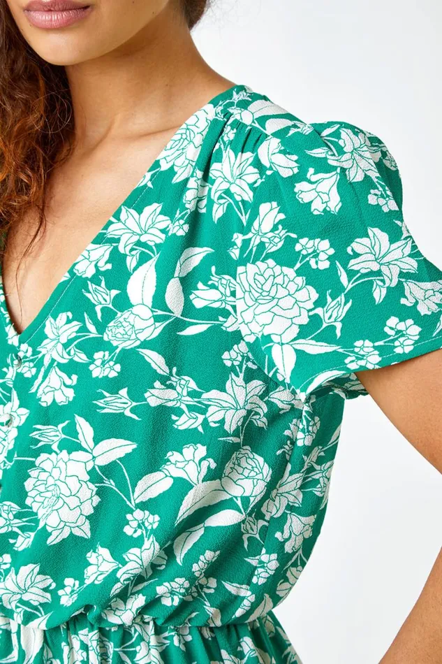 Women Green Floral Button Through Midi Dress Roman Dresses