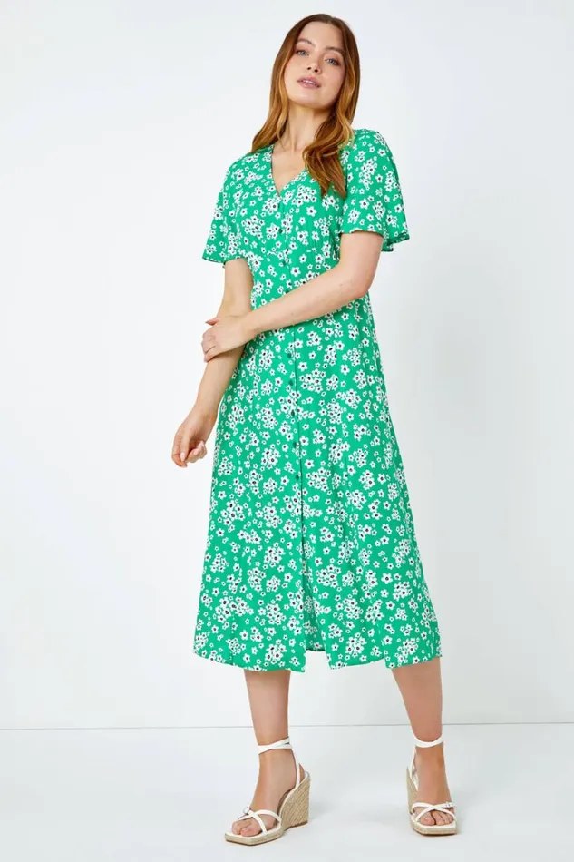 Women Green Floral Print Button Detail Midi Dress Roman Dresses