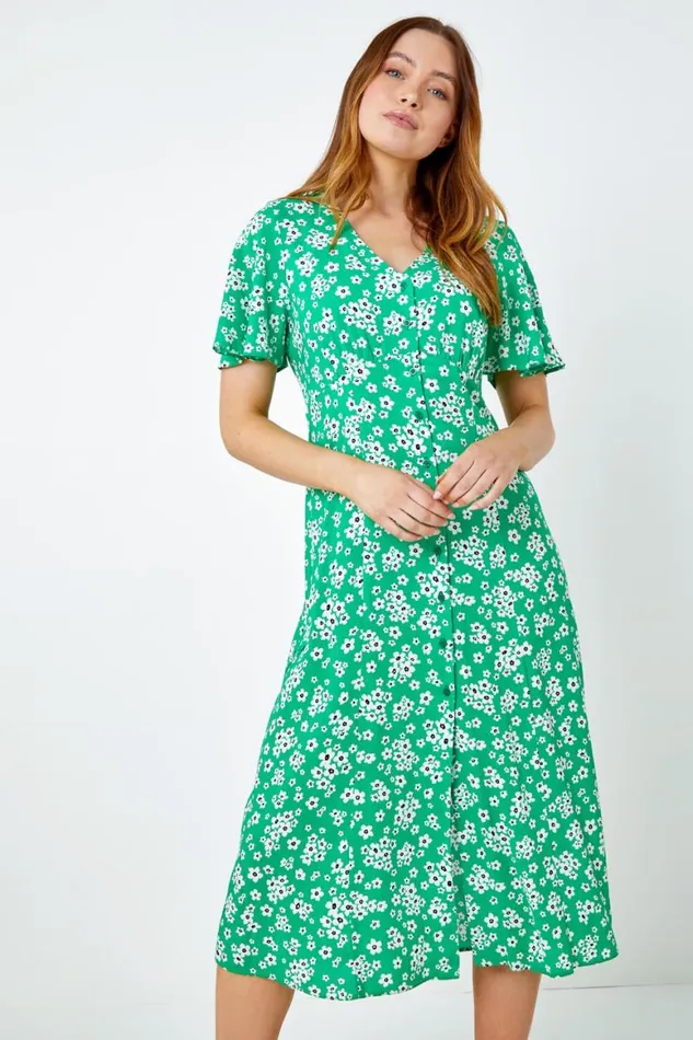 Women Green Floral Print Button Detail Midi Dress Roman Dresses