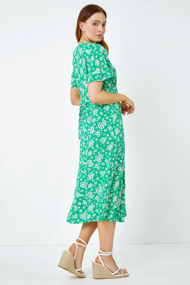 Women Green Floral Print Button Detail Midi Dress Roman Dresses