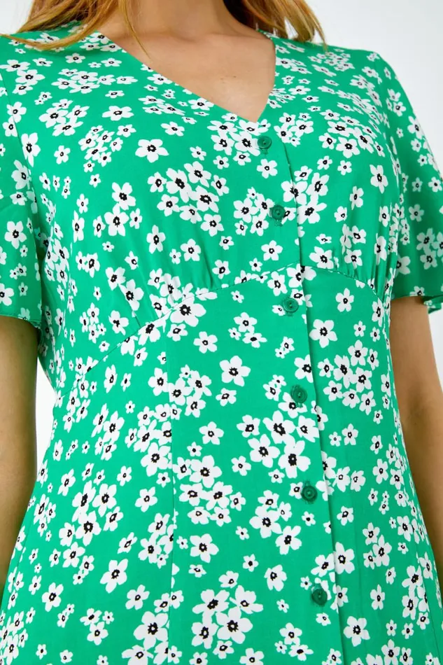 Women Green Floral Print Button Detail Midi Dress Roman Dresses